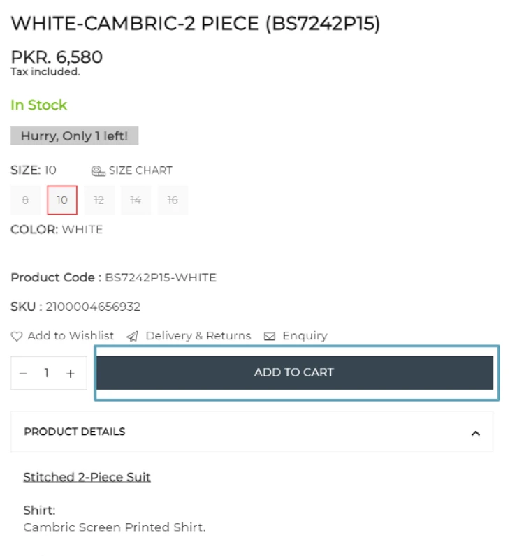 cart option in product page